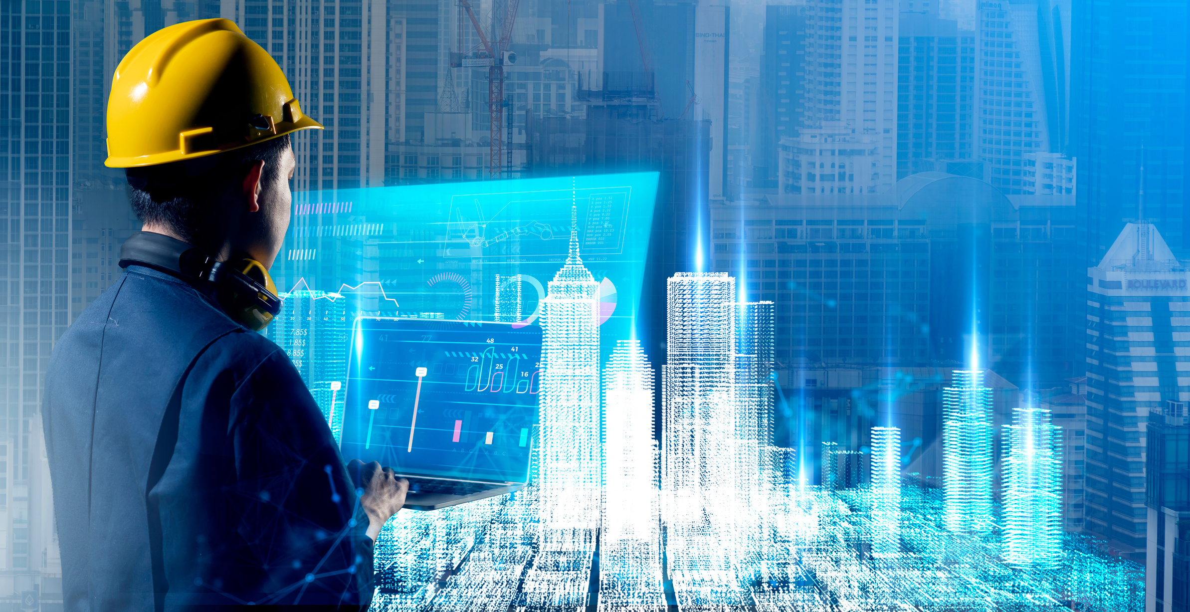 Civil Engineer, architect smart city building design AR augmented reality VR digital technology futuristic hologram